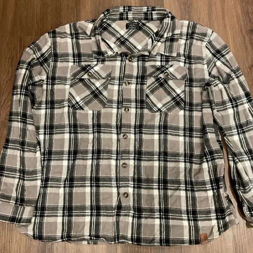 Little Bipsy black, white, and gray plaid button-up shirt